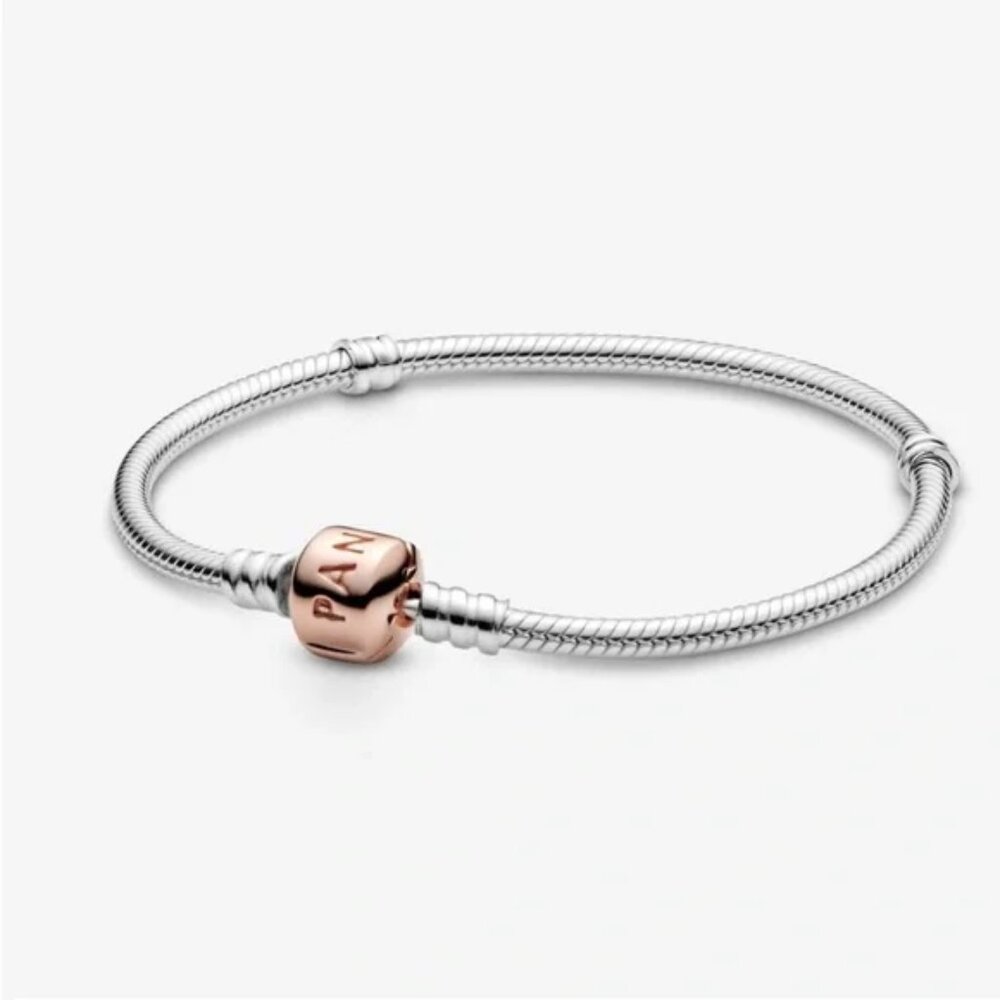 NWOT Pandora Sterling Silver with ROSE Gold Barrel Clasp Bracelet 7.1"/18cm